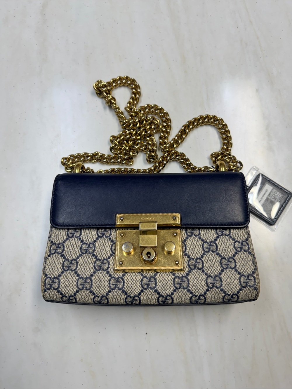 Gucci Blue Leather & Gg Canvas Padlock Chain Shoulder Bag